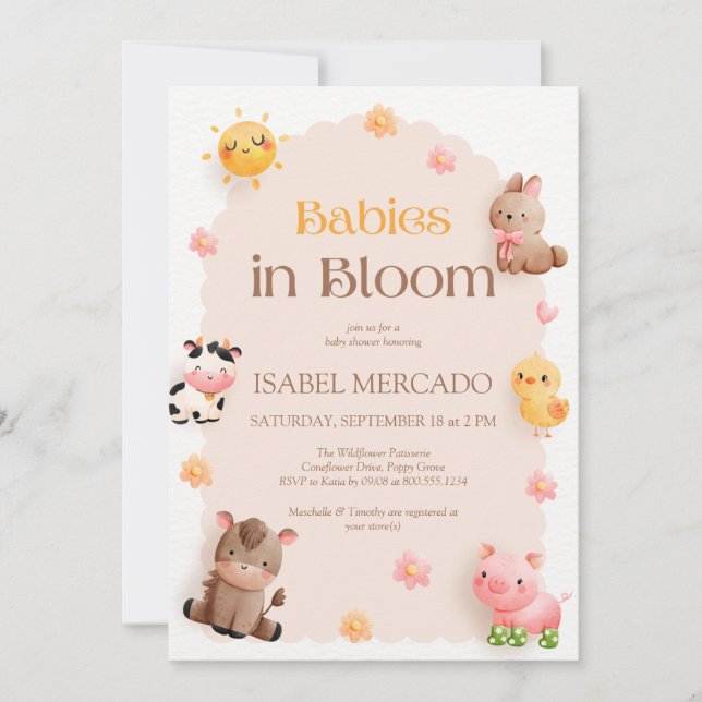 Babys in Bloom Farm Animals Baby-Dusche Einladung (Vorderseite)