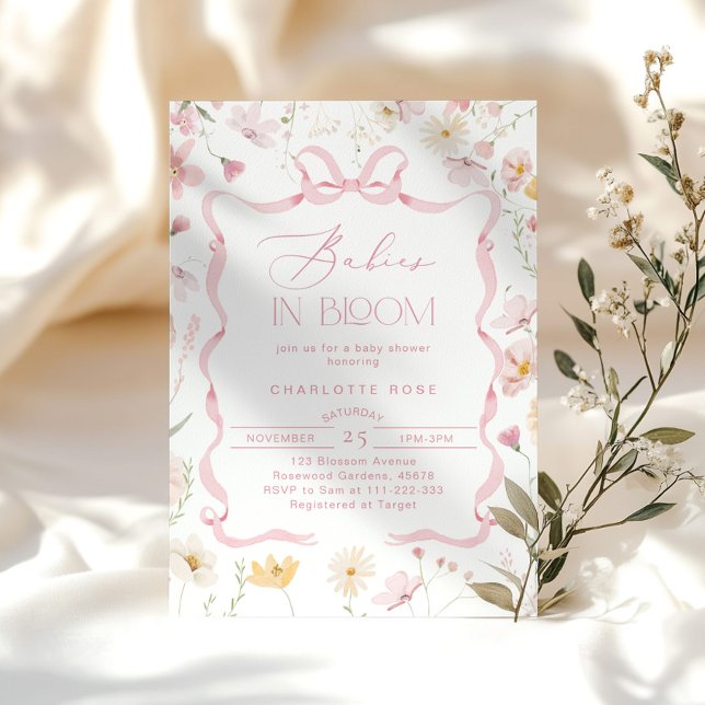 Babys in Blüte Pink Bow Twin Mädchen Babydusche Einladung (Von Creator hochgeladen)