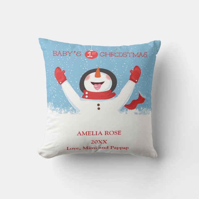 Babys Name First Christmas Snowman Kissen (Vorderseite)