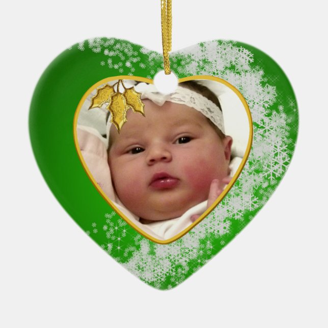 Baby's Snowy Green Foto Weihnachtsherz Keramik Ornament (Vorne)