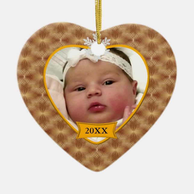 Baby's Swirling Gold Foto Keepake Weihnachten Keramik Ornament (Vorne)