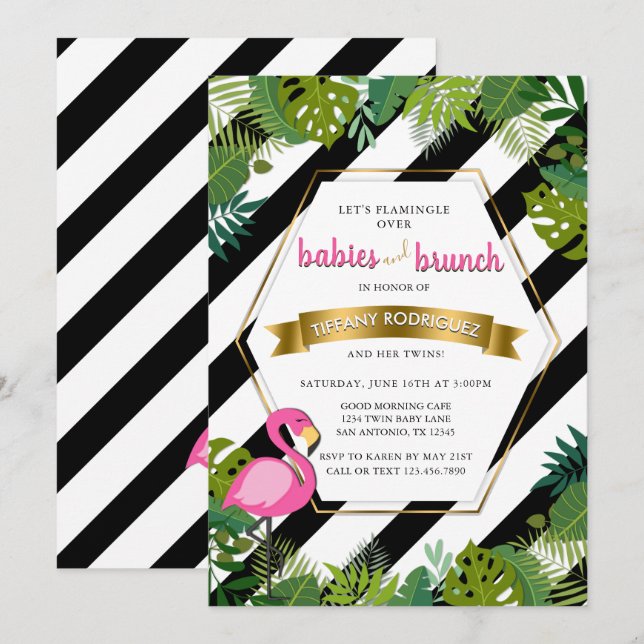 Babys und Brunch-Zwillings-Flamingo-Babyparty Einladung (Vorne/Hinten)