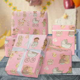 Babys und Tiere - Internationales Rosa Geschenkpapier