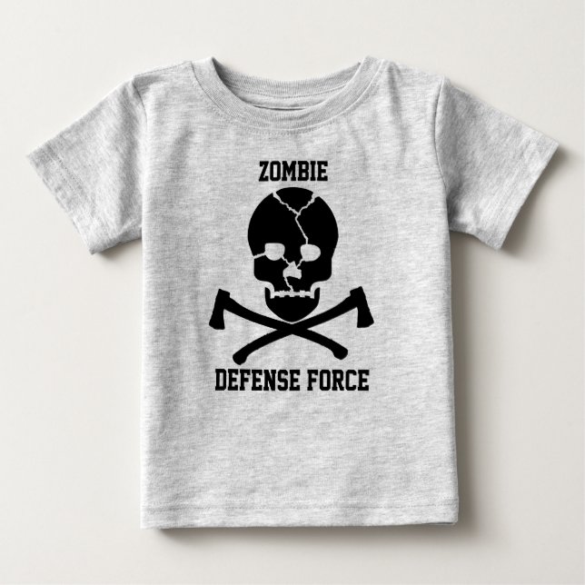 Babys Zombie-Verteidigungs-Kraft: Schädel u. Äxte Baby T-shirt (Vorderseite)