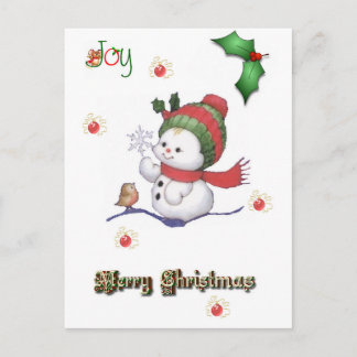 Babyschneemann, der mit einer Baby-Vogel-Postkarte Postkarte