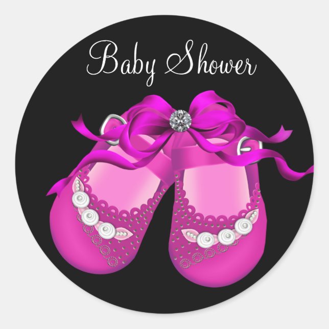 Babyschuhe Hot Pink Black Girl Babyduschaufkleber Runder Aufkleber (Vorderseite)