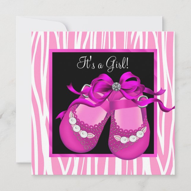 Babyschuhe Hot Pink Zebra Baby Girl Dusche Einladung (Vorderseite)