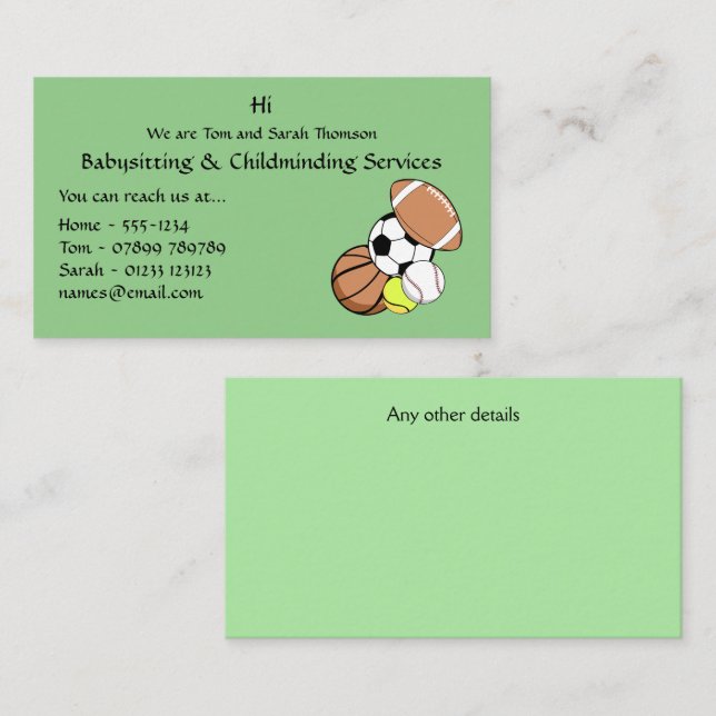 Babysitter, Child Minder Contact Carte de visite (Devant / Derrière)