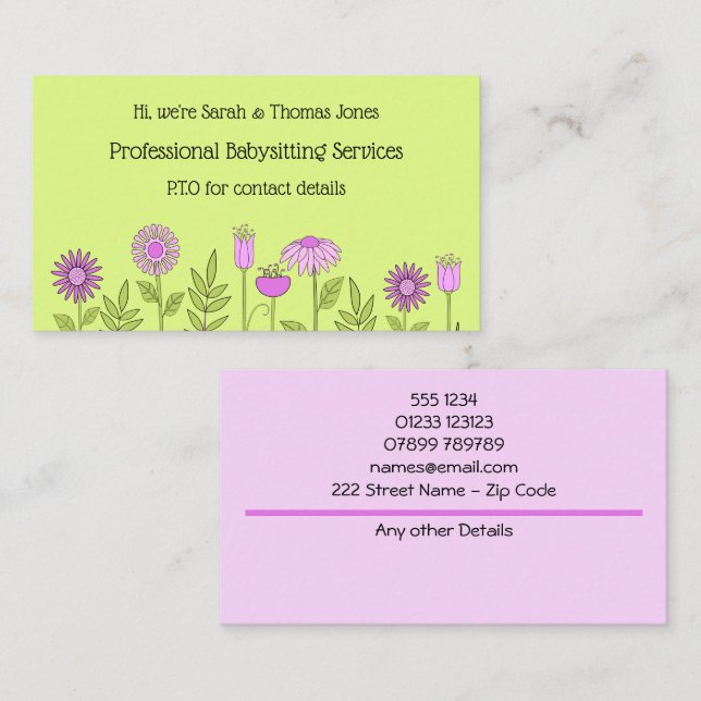 Babysitter Kontakt Floral Business Card Visitenkarte (Vorne/Hinten)