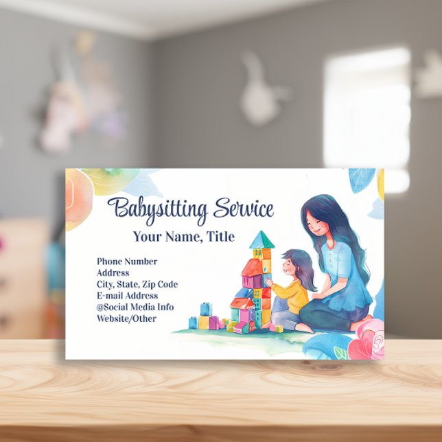 Babysitter Nanny Childcare Watercolor Blocks Visitenkarte (babysitting service babysitter business cards)