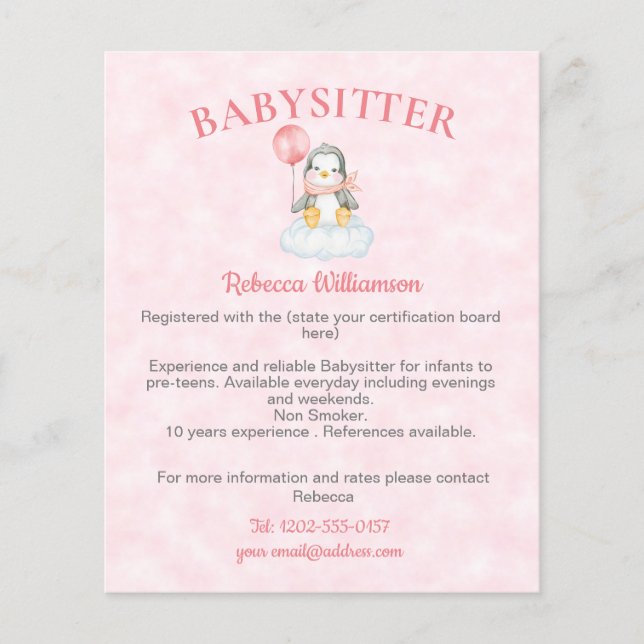 Babysitter Nanny Niedlich Penguin Business Flyer (Vorne)