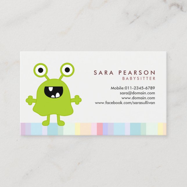 Babysitter Niedlich Green Monster Alien Business C Visitenkarte (Vorderseite)