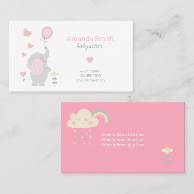 Babysitter-Niedlicher Elefant Babysitter-Service Visitenkarte (Vorne/Hinten)