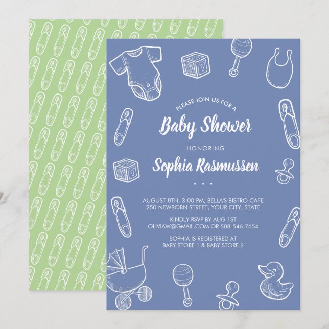 Babyspielzeug Kleidung Blue Baby Dusche Einladung (Vorne/Hinten)