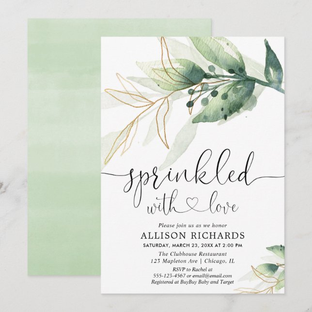 Babysprinkle geschlechtsneutrales Grün Gold Einladung (Vorne/Hinten)