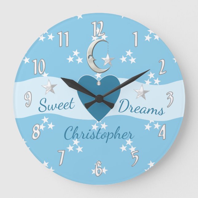 Babystars und Mond blau Große Wanduhr (Vorderseite)