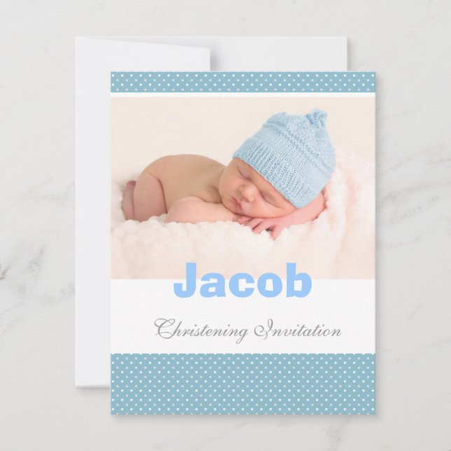Babytaufeinladung, Blau, weiße Polka Einladung (Vorderseite)