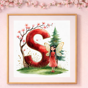 Babyzimmer für Mädchen Buchstabe S Feen Blumenmust Poster