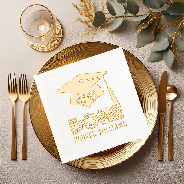 Bac d'obtention du diplôme et Tassel Année de clas (Graduation Cap and Tassel "DONE" Class Year and Name Gold Stamped Foil Napkins)