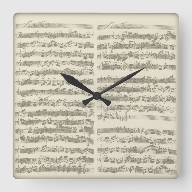 Bach Music Manuscript, 2nd Suite for Cello Solo Quadratische Wanduhr (Vorderseite)