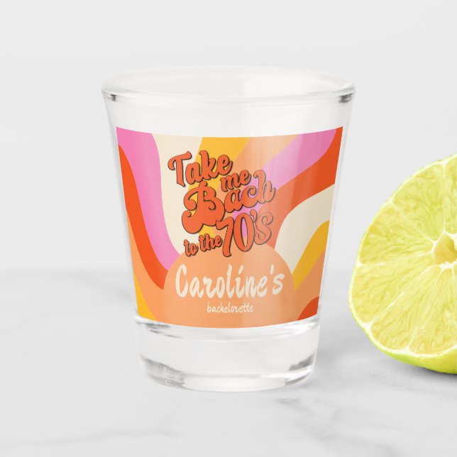 Bach zum 70er Retro Groovy Sunset Bachelorette Schnapsglas (Vorderseite)