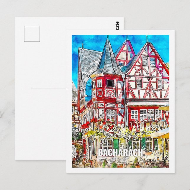 Bacharach Deutschland Berühmtes Wasserfarben-Sketc Postkarte (Vorne/Hinten)