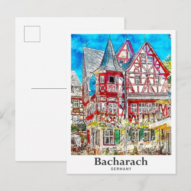Bacharach Deutschland Reisen Wasserfarbenhandzeich Postkarte (Vorne/Hinten)