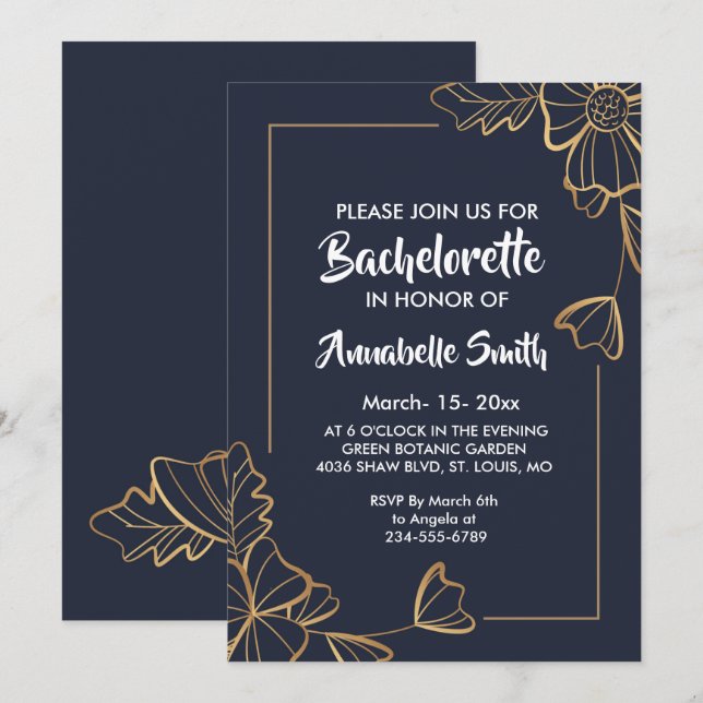 Bachelor für Navy und Golden Blues Einladung (Vorne/Hinten)