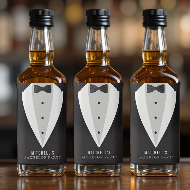 Bachelor Party Black Anzug & Bowtie Alkoholflaschenetikett (Bachelor Party Black Suit & Bowtie Liquor Bottle Label
)