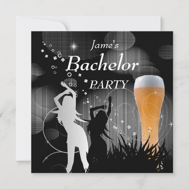 Bachelor Party Black Gold Weißes Bierglas Girls Einladung (Vorderseite)