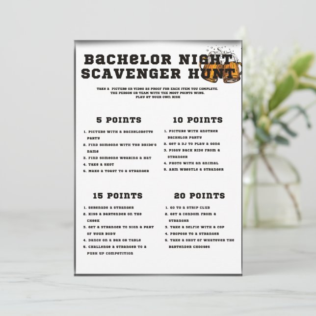 Bachelor Party Games, Scavenger Hunt, Einladung (Stehend Vorderseite)