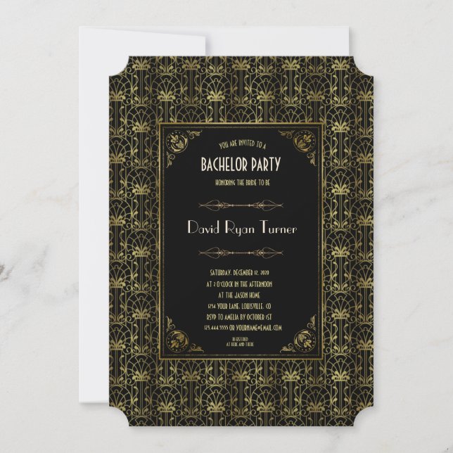 Bachelor Party | Gold Black 1920er Art Deco Einladung (Vorderseite)