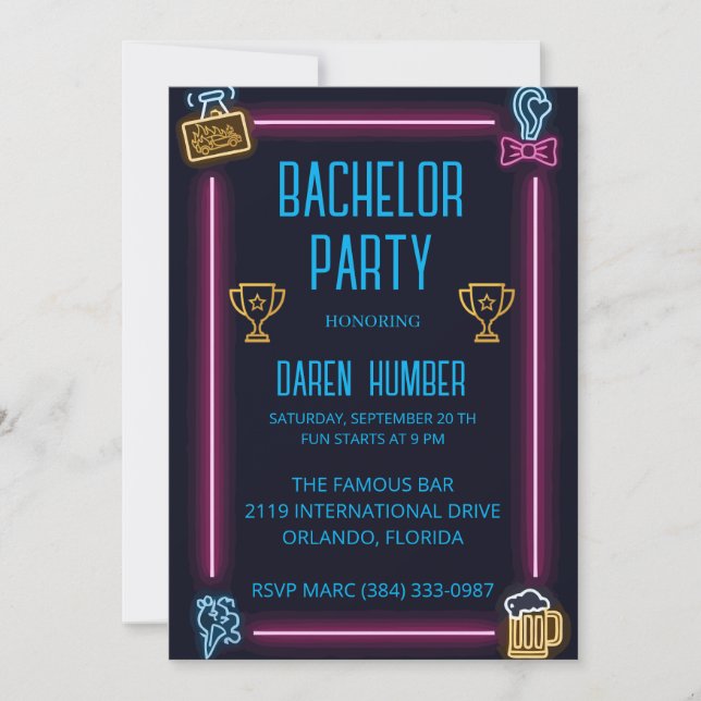 Bachelor Party Invitation - Neon Design (Devant)