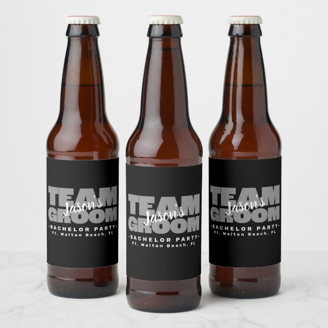 Bachelor Party Team Groom Wedding Black Cool Party Bierflaschenetikett (Flaschen)