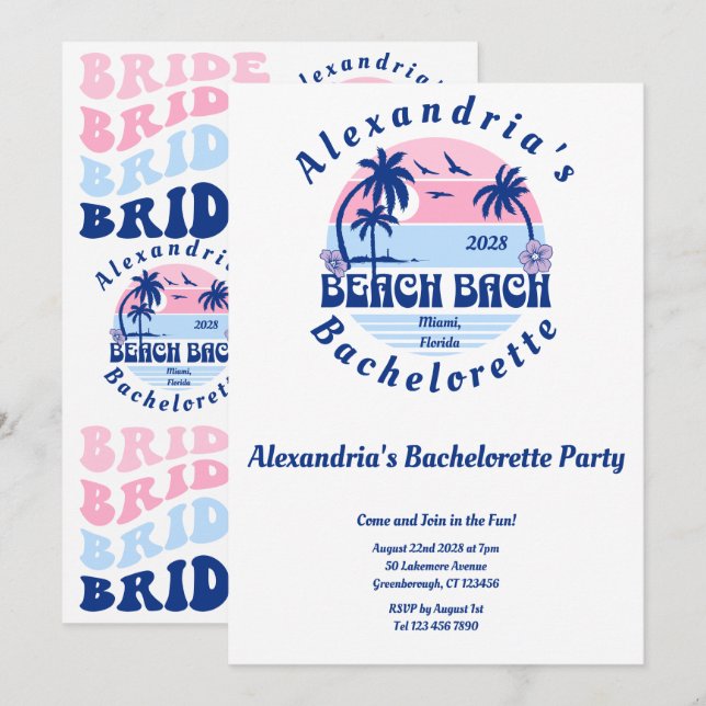Bachelorette Beach Party Wavy Retro Einladung (Vorne/Hinten)