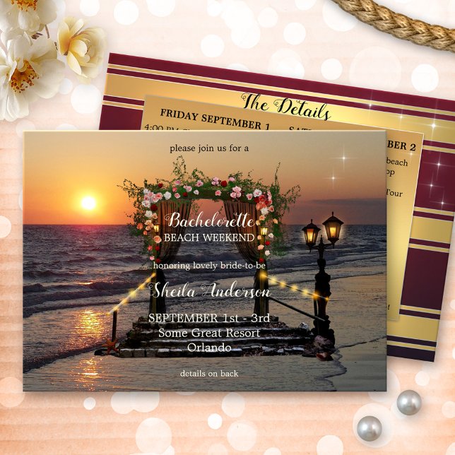 Bachelorette Beach Weekend Einladung (bachelorette weekend getaway itinerary template invitation showing a lovely rose arbor on the beach)