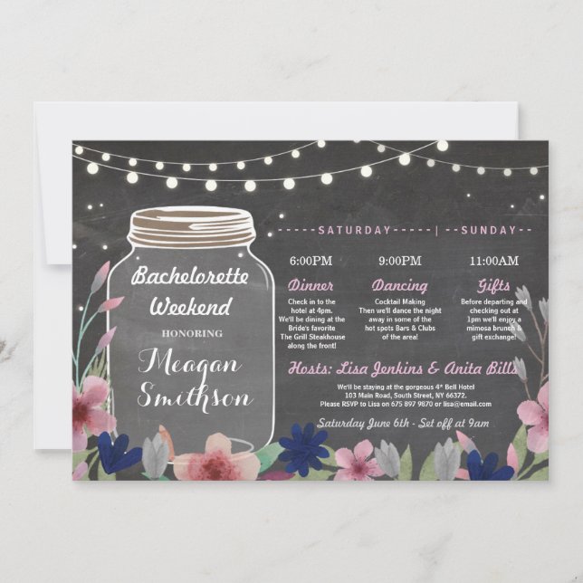 Bachelorette Brautparty Itinerary Jar Chalk Einladung (Vorderseite)