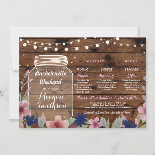 Bachelorette Brautparty Itinerary Jar Wood Einladung (Vorderseite)