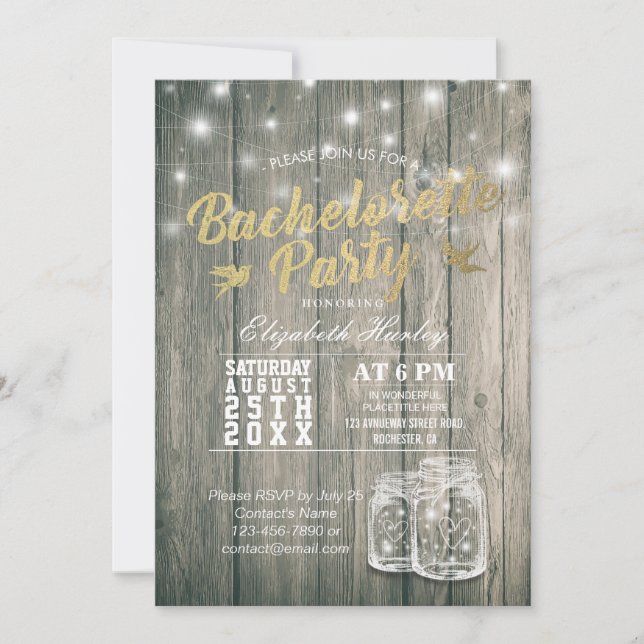 Bachelorette Brautparty Rustic Wood Mason Jars Einladung (Vorderseite)