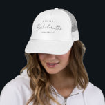 Bachelorette Bridesmaid Womens Modern Template Truckerkappe<br><div class="desc">Womens Bridesmaid Wedding Bachelorette Custom Script Text Name Elegant Modern Minimalistisch Template White Trucker Hat Cap.</div>
