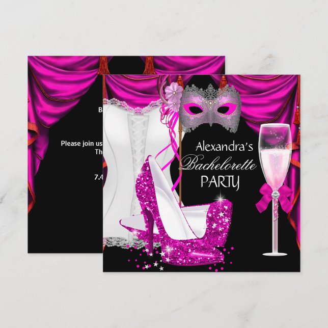 Bachelorette Corset Pink Masquerade Champagne 2 Einladung (Vorne/Hinten)