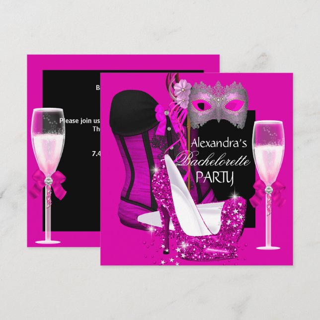 Bachelorette Corset Pink Masquerade Champagne 3 Einladung (Vorne/Hinten)