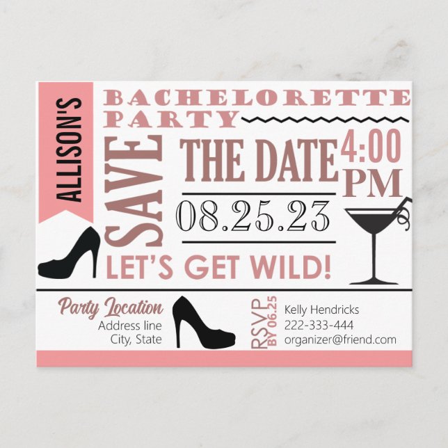 Bachelorette design de soirée Invitation Carte pos (Devant)