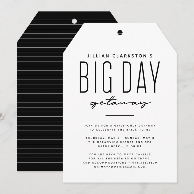 Bachelorette escapade voyage noir blanc invitation (Devant / Derrière)