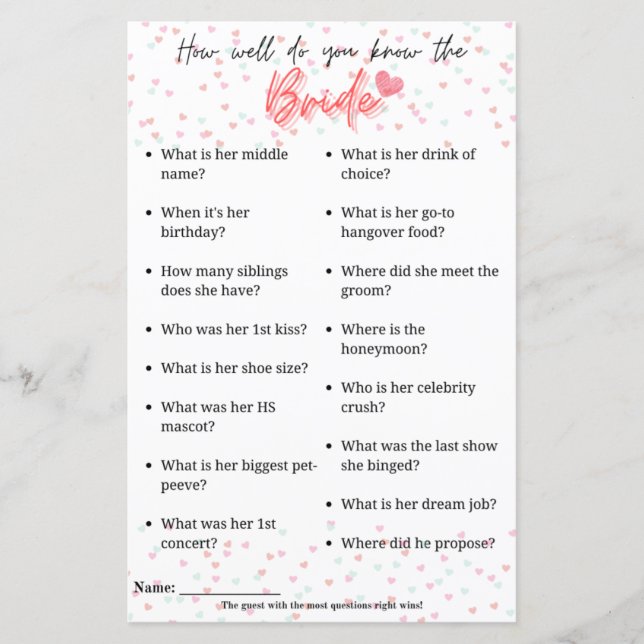 Bachelorette Game "Wie gut kennen Sie die Braut?" (Vorderseite)