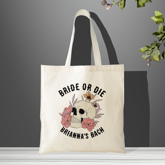 Bachelorette-Gefälligkeiten für Bachelorette mit B Tragetasche (Bride or die black skull bachelorette party favors personalized tote bag bridesmaids gifts)