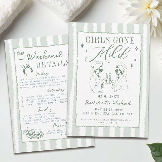 Bachelorette Girls Gone Milde handgezogene Streife Einladung (girls gone mild invitation bachelorette weekend itinerary sage green spa hand drawn stripes)
