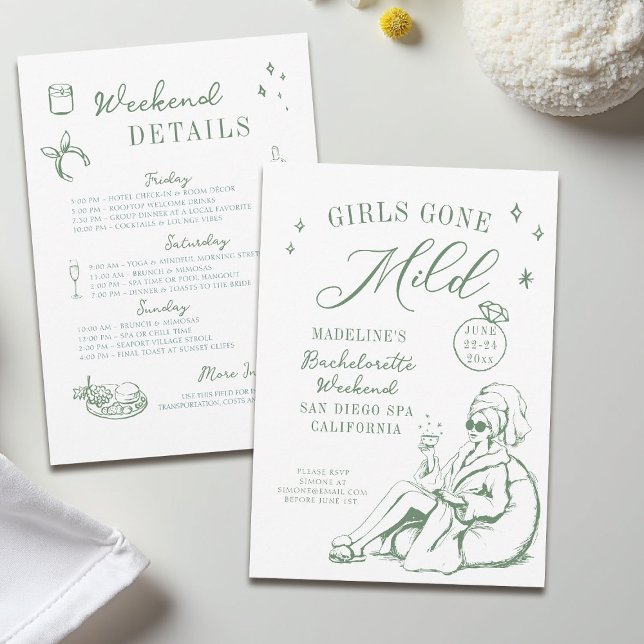 Bachelorette Girls Gone Milde Script Green Gezeich Einladung (girls gone mild invitation bachelorette weekend itinerary sage green spa hand drawn script doodle)