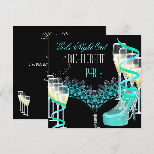 Bachelorette Girls Night Out Aquamariner Blauer Ch Einladung (Vorne/Hinten)