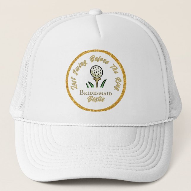 Bachelorette Golf Party Personalisiert Gold Glitze Truckerkappe (Vorderseite)